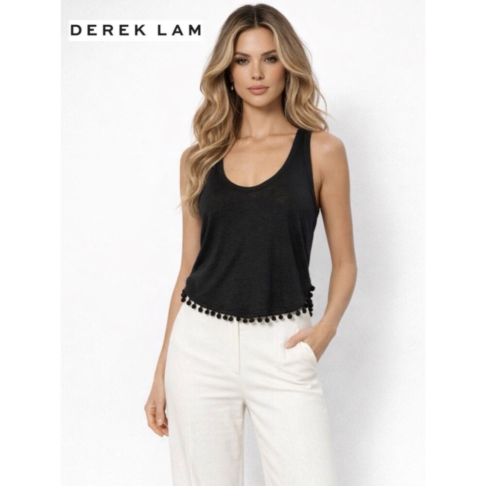 Derek Lam 10 Crosby Linen Burnout Tank Black Pom Pom Trim Boho Minimalist XS